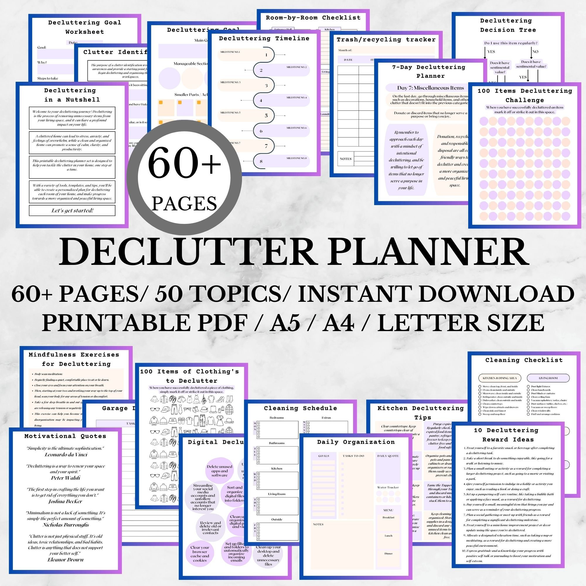 Declutter Planner | Decluttering Tips | Declutter Challenge | Life Organizer Pdf | Printable ADHD Household Management Binder| Cleaning List