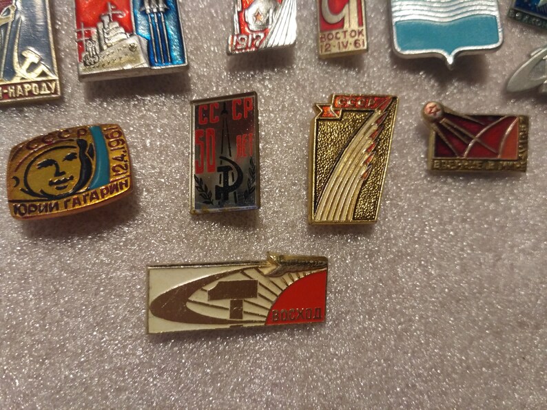 Space theme Set of 16 Soviet vintage pin badges Vostok Sputnik moon rover Baikonur made in USSR Mars 1970s