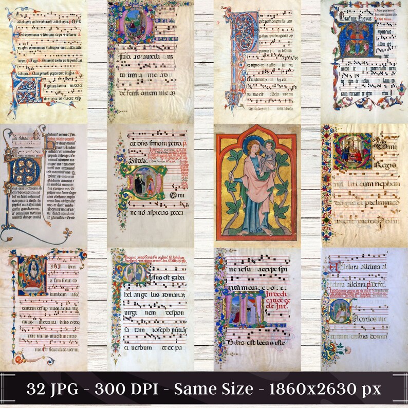 32 Illuminated Manuscripts Pages | Medieval Junk Journal | Book of ...