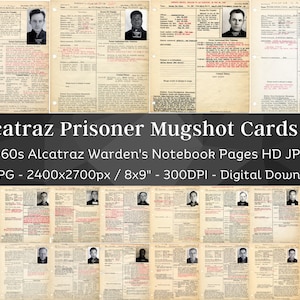 60 Vintage Alcatraz Inmate Prison Records with Mugshots HD Image V2 | Wardens Notebook Criminal Files | Crime Junk Journal| Digital Download