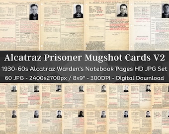 60 Vintage Alcatraz Inmate Prison Records with Mugshots HD Image V2 | Wardens Notebook Criminal Files | Crime Junk Journal| Digital Download