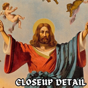 May include: A painting depicting Jesus Christ with outstretched arms, surrounded by angels. The painting is in a vintage style with bright colors and a detailed background.