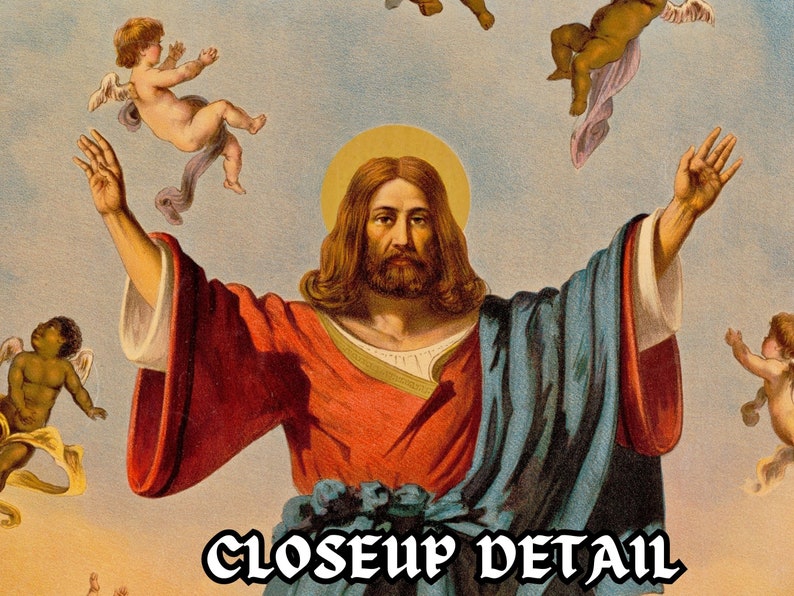 May include: A painting depicting Jesus Christ with outstretched arms, surrounded by angels. The painting is in a vintage style with bright colors and a detailed background.