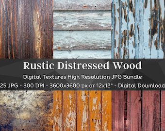 May include: A digital download bundle of 25 high-resolution JPG images of rustic distressed wood textures. Each image is 3600 x 3600 pixels, 300 DPI, and measures 12 x 12 inches.