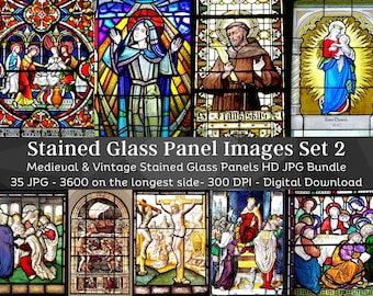 May include: A collection of medieval and vintage stained glass panel images. The panels feature religious figures and scenes in vibrant colors, with intricate details and leaded glass designs. The text "Stained Glass Panel Images Set 2" is visible.