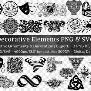 May include: A set of 105 black and white decorative elements, including geometric ornaments, swirls, and floral designs. The elements are in PNG and SVG format and are 4000 pixels wide and 13.3 inches long. The set is perfect for adding a touch of elegance to your designs.