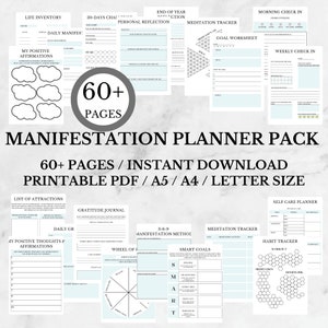 Planificador de manifestaciones / Paquete de hojas de trabajo de cuidado personal / Kit de seguimiento de hábitos y meditación / Bienestar, Diario de salud mental / PDF, Carta de EE. UU., A4, A5