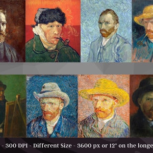 Puede incluir: Una colecci&oacute;n de ocho autorretratos de Vincent van Gogh, pintados en diferentes estilos y con diversos fondos. Los retratos muestran a van Gogh a diferentes edades y con diferentes expresiones. Algunos de los retratos muestran a van Gogh con un sombrero, mientras que otros lo muestran con una venda en la oreja.