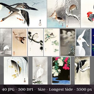 May include: A collection of 40 Japanese woodblock prints featuring various birds, animals, and flowers. The prints are in a traditional style and feature delicate details and vibrant colors.