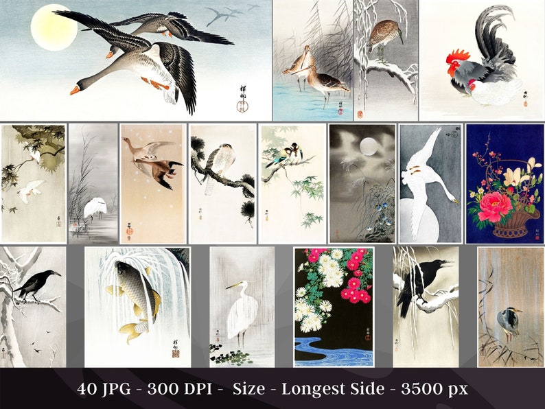 May include: A collection of 40 Japanese woodblock prints featuring various birds, animals, and flowers. The prints are in a traditional style and feature delicate details and vibrant colors.