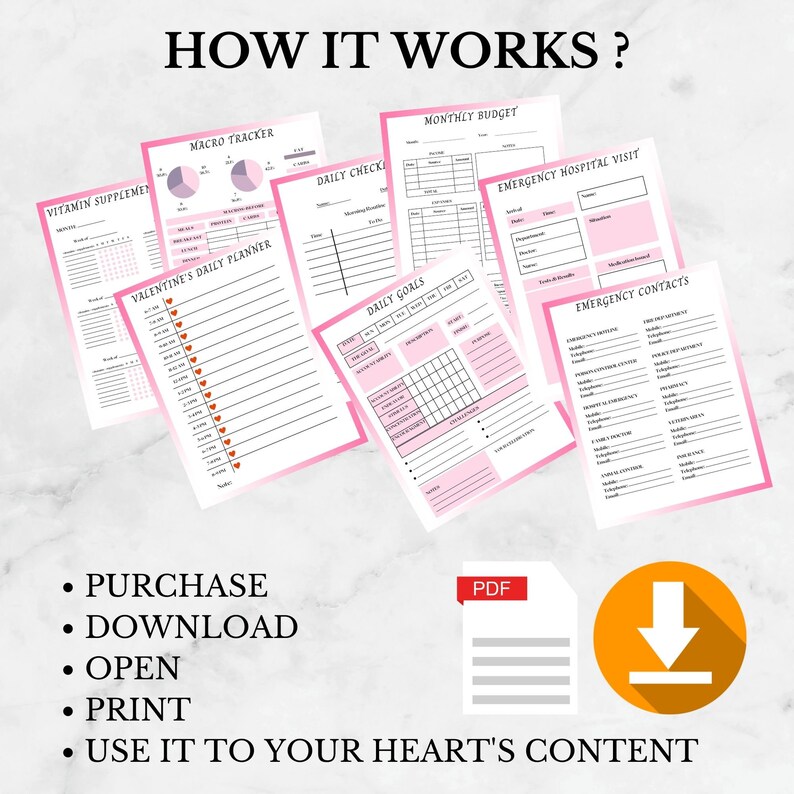 May include: A digital printable planner with pink and white pages. The planner includes sections for daily goals, a monthly budget, emergency contacts, a macro tracker, a vitamin supplement tracker, a daily checklist, and a Valentine's Day planner. The text "HOW IT WORKS?" is at the top of the image. The text "PURCHASE, DOWNLOAD, OPEN, PRINT, USE IT TO YOUR HEART'S CONTENT" is at the bottom of the image. The text "PDF" is in the lower right corner of the image.