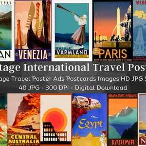 Imágenes de carteles de viajes internacionales vintage / 40 JPG HQ Paquete de imágenes digitales / Postales de carteles antiguos Colección de arte de pared / Descarga instantánea