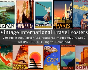 Vintage International Travel Poster Images | 40 JPG HQ Digital Image Bundle | Antique Poster Postcards Wall Art Collection| Instant Download