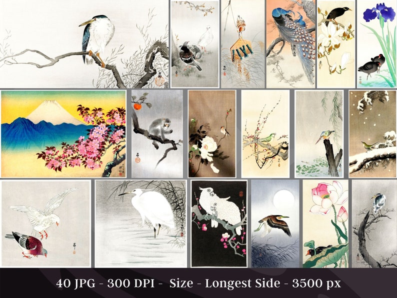 May include: A collection of 40 Japanese-style illustrations featuring birds, flowers, and landscapes. The images are in a traditional style with delicate brushstrokes and muted colors.