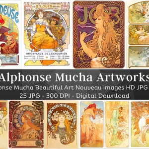 Alphonse Mucha Artwork Poster Images Set 2 | 25 HQ Digital JPG Bundle | Antique Art Nouveau Posters Wall Art Collection | Instant Download