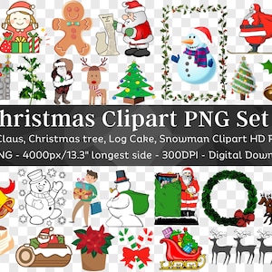 Kerst clipart 65 PNG set 2 | Kerstman cadeau Holly Tree Sneeuwpop Sneeuwbol Cane Bells| Overhemdmokken PNG voor sublimatie| Digitaal downloaden
