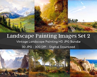 May include: A digital download of 30 vintage landscape paintings in high definition JPG format. The images feature a variety of scenes, including mountains, forests, rivers, and coastlines. The paintings are all in a realistic style and are perfect for use in digital art projects, scrapbooking, or as desktop backgrounds.