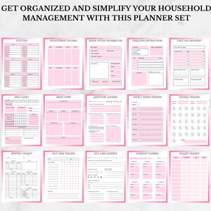 May include: A printable planner set with pink and white backgrounds. The planner includes sections for utilities, appointments, house sitter information, caregiver instructions, first aid, daily goals, brain dump, gratitude journal, weekly water tracker, savings tracker, monthly budget, self-care tracker, self-care planner, workout planner, and weight tracker.