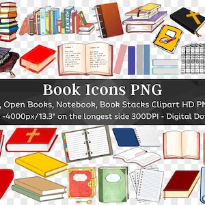 May include: A set of 78 digital clipart images of books, open books, notebooks, and book stacks. The images are in a cartoon style and are perfect for use in digital projects.