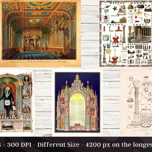 May include: A collection of 15 vintage Masonic illustrations, featuring intricate designs and symbols. The images depict various Masonic rituals and emblems, including the Master Mason, Fellow Craft, and Entered Apprentice degrees. The illustrations are in black and white and sepia tones, with a vintage aesthetic.