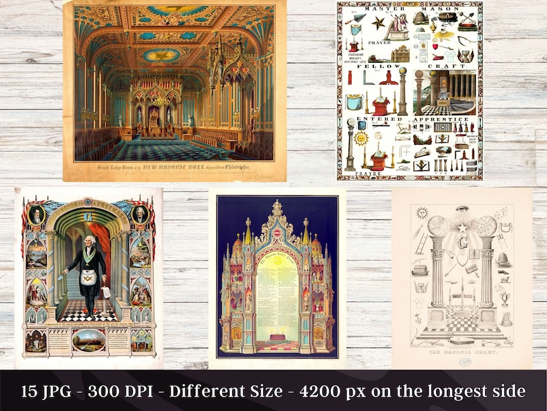 May include: A collection of 15 vintage Masonic illustrations, featuring intricate designs and symbols. The images depict various Masonic rituals and emblems, including the Master Mason, Fellow Craft, and Entered Apprentice degrees. The illustrations are in black and white and sepia tones, with a vintage aesthetic.