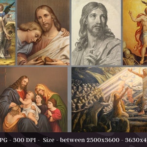 May include: A collection of six paintings depicting scenes from the life of Jesus Christ. The paintings are in a variety of styles, including Renaissance, Baroque, and modern. The scenes depicted include the Last Supper, the Crucifixion, and the Resurrection.