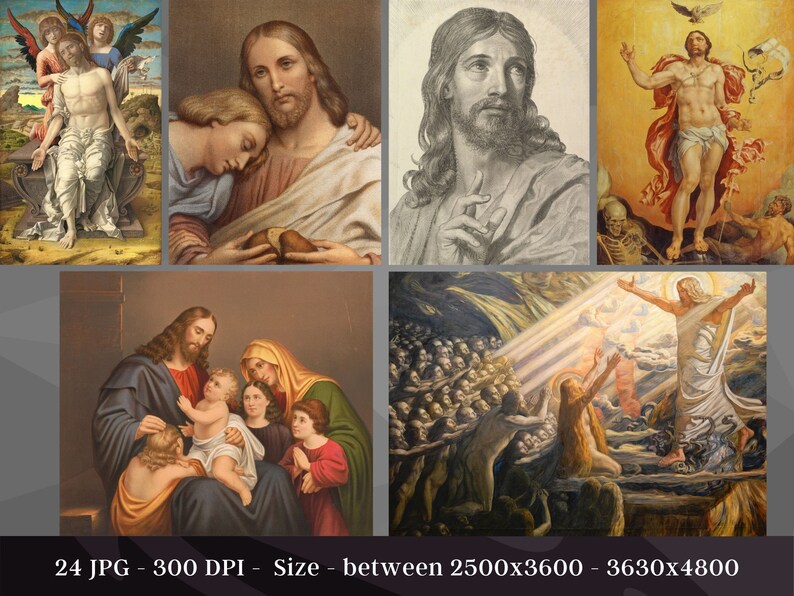 May include: A collection of six paintings depicting scenes from the life of Jesus Christ. The paintings are in a variety of styles, including Renaissance, Baroque, and modern. The scenes depicted include the Last Supper, the Crucifixion, and the Resurrection.