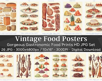 Komplett set med vintage-matposters med 26 högkvalitativa bilder | Fantastiska utskrivbara retro-matposters | Samling av köksdekorationer och väggkonst | Direkt nedladdning