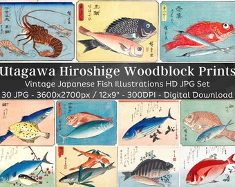 Wantanabe Seitei Woodblock Print Fish Artwork Images 30 HQ Digital JPG Bundle | Vintage Nautical Japanese Minimalist Art | Instant Download
