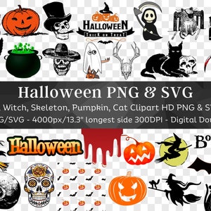 Halloween 125 PNG & SVG Bundle| Clipart Silhouette| Black Cat Ghost Skeleton Skull Witch Pumpkin| Files for Cricut T-Shirt| Digital Download