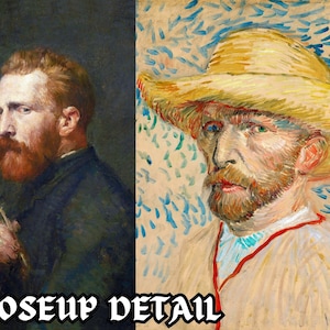 Puede incluir: Dos retratos de Vincent van Gogh, uno con un sombrero de paja y el otro sin &eacute;l. Ambos retratos muestran una barba roja y una expresi&oacute;n seria.