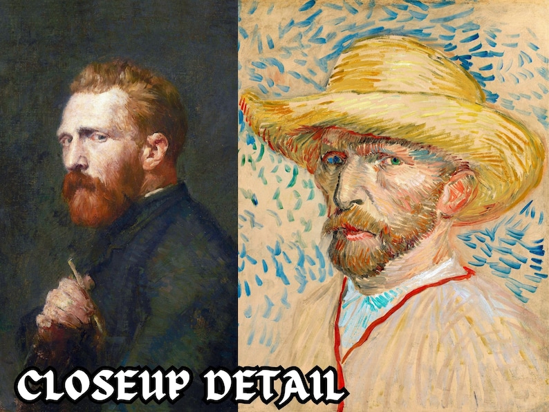 Puede incluir: Dos retratos de Vincent van Gogh, uno con un sombrero de paja y el otro sin &eacute;l. Ambos retratos muestran una barba roja y una expresi&oacute;n seria.