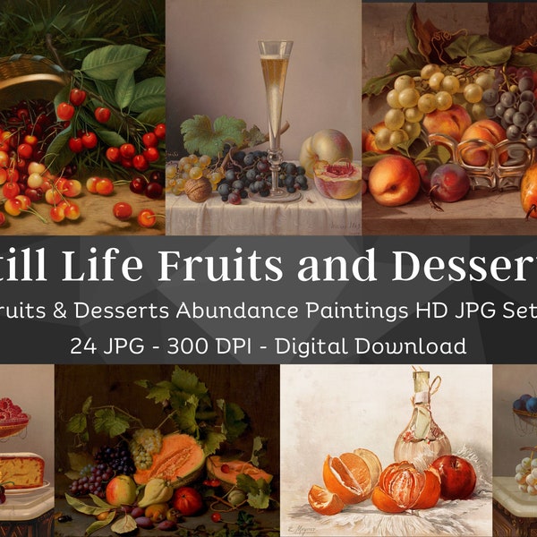 Still Life Paintings| 24 HQ Digital Fruits Image Bundle Artwork for Kitchen| Vintage Antique Classical Wall Art Collection| Instant Download