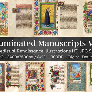 May include: A set of 42 digital images of illuminated manuscripts from the Medieval Renaissance period. The images are high-resolution, 2400x3600 pixels, and feature intricate illustrations and text in a variety of colors, including gold, red, blue, and green.