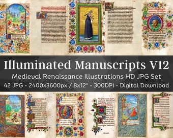 Illuminated Manuscript 42 Medieval Renaissance Religious Illustrations V12 | Vintage Gothic Printable Junk Journal Pages | Instant Download