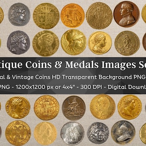 Antient Coin PNG Bundle N3 | 42 HQ Vintage Gold & Silver Coins Images| Fussy Cut Clipart| Aureus Stater Dollar Franc| Scrapbook Junk Journal