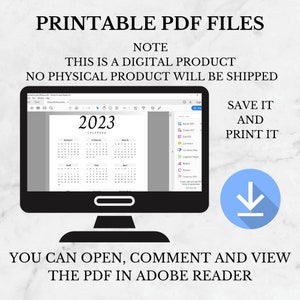 Puede incluir: Una pantalla de ordenador que muestra un calendario de 2023 en Adobe Acrobat Reader. El calendario es imprimible y se puede guardar e imprimir. El texto en la pantalla dice "Archivos PDF imprimibles" y "Guardar e imprimir".