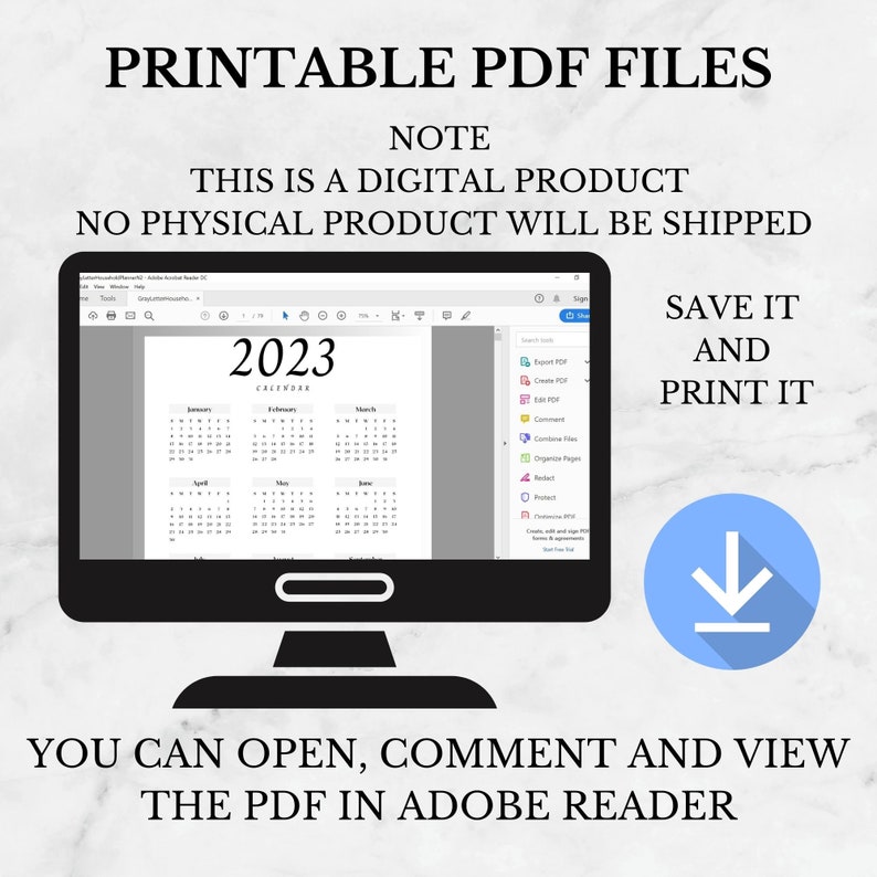 Puede incluir: Una pantalla de ordenador que muestra un calendario de 2023 en Adobe Acrobat Reader. El calendario es imprimible y se puede guardar e imprimir. El texto en la pantalla dice "Archivos PDF imprimibles" y "Guardar e imprimir".