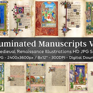 Puede incluir: Una colección de 42 imágenes digitales de alta resolución de manuscritos iluminados medievales y renacentistas. Las imágenes son de 2400 x 3600 píxeles y son perfectas para imprimir o usar digitalmente. Las imágenes presentan ilustraciones intrincadas y diseños coloridos.