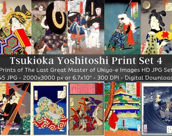 May include: A set of 45 digital prints featuring the work of Tsukioka Yoshitoshi, a Japanese artist known for his ukiyo-e woodblock prints. The prints are high-resolution JPG files, measuring 2000x3000 pixels or 6.7x10 inches at 300 DPI. The prints depict various scenes from Japanese history and mythology, including samurai warriors, geishas, and landscapes.
