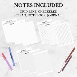May include: Four printable journal pages with different grid styles: grid, line, checkered, and clean. The pages are labeled "JOURNAL Notes".