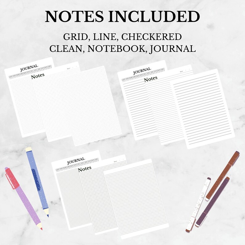May include: Four printable journal pages with different grid styles: grid, line, checkered, and clean. The pages are labeled "JOURNAL Notes".