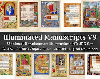 Manuscrito iluminado 42 Ilustraciones del renacimiento religioso medieval V9 / Páginas de diario basura imprimibles góticas vintage / Descarga instantánea
