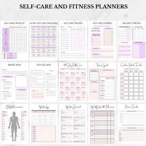 May include: A set of printable self-care and fitness planners with a pink and white color scheme. The planners include checklists, trackers, and journals for mental and physical health.