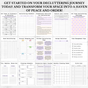 Puede incluir: Un planificador de limpieza y ordenamiento imprimible con un esquema de color morado y blanco. El planificador incluye secciones para ropa, habitaci&oacute;n, comestibles, cocina, garaje, gesti&oacute;n del tiempo, limpieza, h&aacute;bitos y tareas mensuales. El planificador tiene el texto "&iexcl;Comienza tu viaje de limpieza y ordenamiento hoy y transforma tu espacio en un remanso de paz y orden!" en la parte superior.