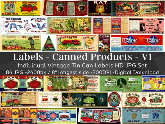 Vintage Can Labels Kit 84 HQ Digital JPG Bundle 1 | Retro Food Canister Label| Vegetable, Beans, Meat, Fish, Lobster Label| Instant Download