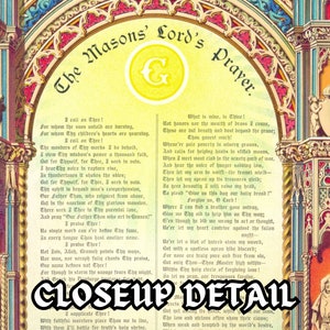 May include: A vintage illustration of a Masonic Lord's Prayer with ornate, colorful, gothic-style architecture surrounding the text. The text is in a yellow font with a gold-colored 'G' at the top.