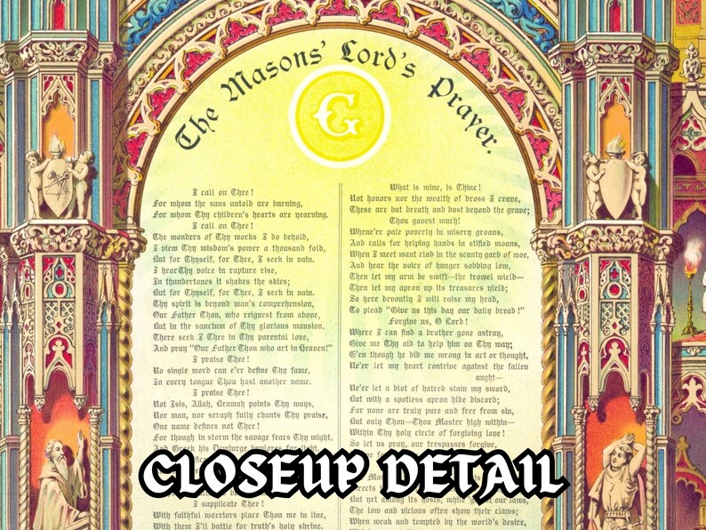 May include: A vintage illustration of a Masonic Lord's Prayer with ornate, colorful, gothic-style architecture surrounding the text. The text is in a yellow font with a gold-colored 'G' at the top.