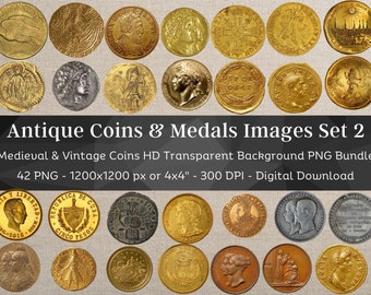 May include: A set of 42 antique coins and medals images, featuring a variety of designs and materials. The images are high-resolution and have a transparent background, making them perfect for digital projects.