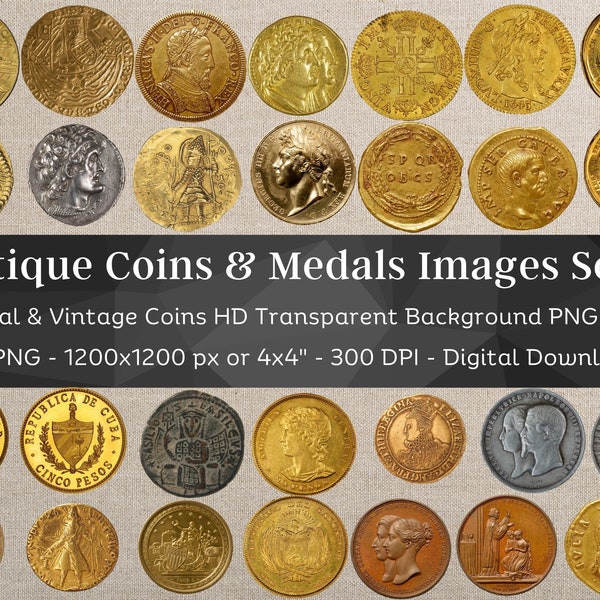 Antient Coin PNG Bundle N2 | 42 HQ Vintage Gold & Silver Coins Images| Fussy Cut Clipart| Aureus Stater Dollar Franc| Scrapbook Junk Journal